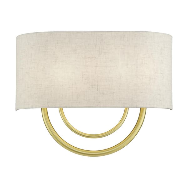 Livex Lighting Stratton 15 in. 2-Light Soft Gold ADA Wall Sconce with Oatmeal Fabric Shade