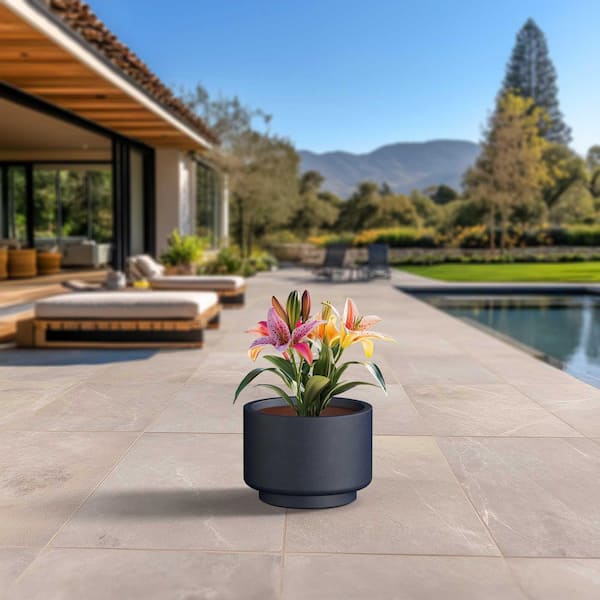 16 in. Large Granite Gray (Enhanced Interior) Concrete Round Planter / Pot with Drainage Holes