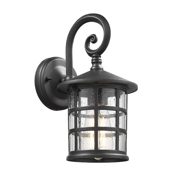 1-Light Black Harewired Outdoor Seeded Glass Outdoor Wall Lantern