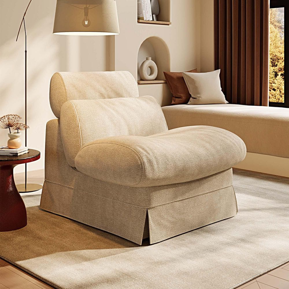 Beige Chenille Accent Chair Club Chair with Solid Wood Frame for Living Room, Bedroom, Balcony and Office Reading
