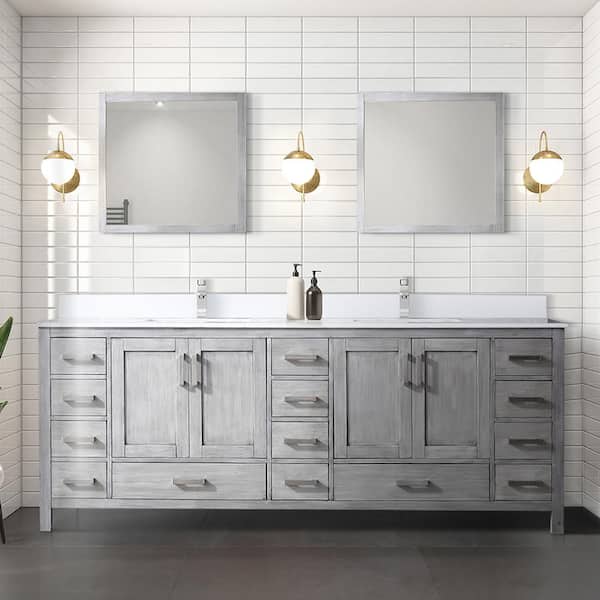 Lexora Jacques 84 in. W x 22 in. D Distressed Grey Bath Vanity, Cultured Marble Top, Faucet Set, and 34 in. Mirror