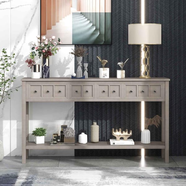 Polibi 60 in. Gray Wash Rectangle Wood Console Table with two Different Size Drawers and Bottom Shelf for Storage Gray Wash