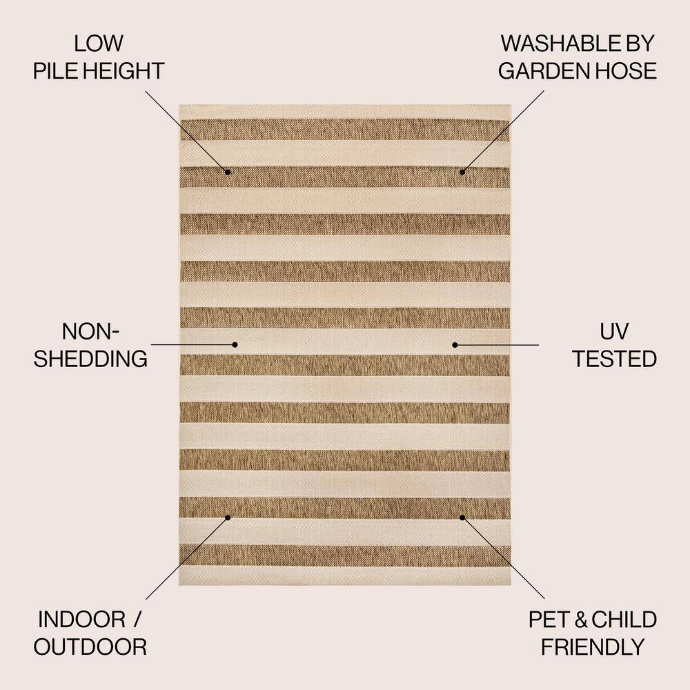 Beige and Brown Stripe Synthetic 8' x 10' Indoor/Outdoor Rug