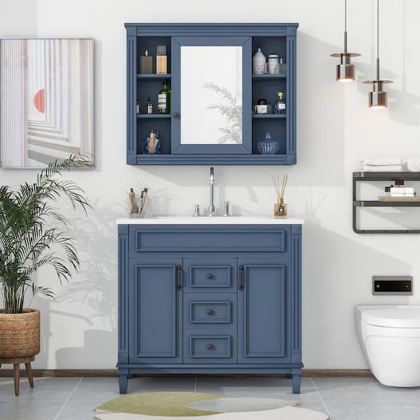 WELLFOR 36 in. W x 18 in. D x 34 in. H Single Sink Freestanding Bath Vanity in Blue with White Resin Top and Medicine Cabinet