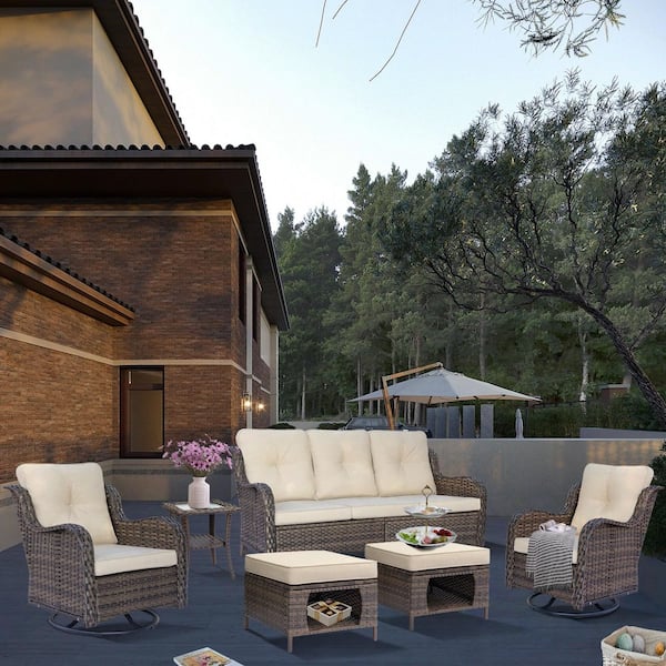 Xingzjojor Brown 6-Piece Wicker Outdoor Patio Conversation Seating Sofa Set with Swivel Rocking Chairs and Patio Furniture Covers