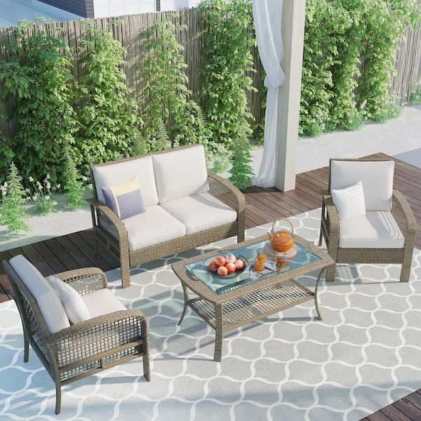 Wateday Brown 4-Piece Wicker Outdoor Sofa Set with Beige Cushions