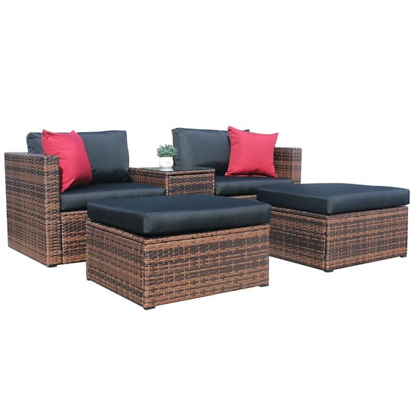 Tunearary 5-Piece Brown Wicker Rattan 2-Person Seating Group with Black Cushions and Red Pillows