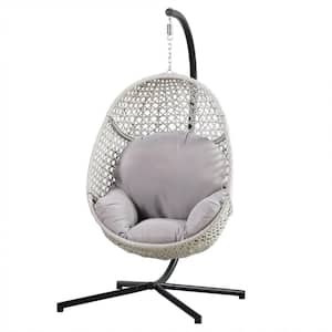 40.2 in. Black Metal Patio Swing Egg Chair with Beige Cushion