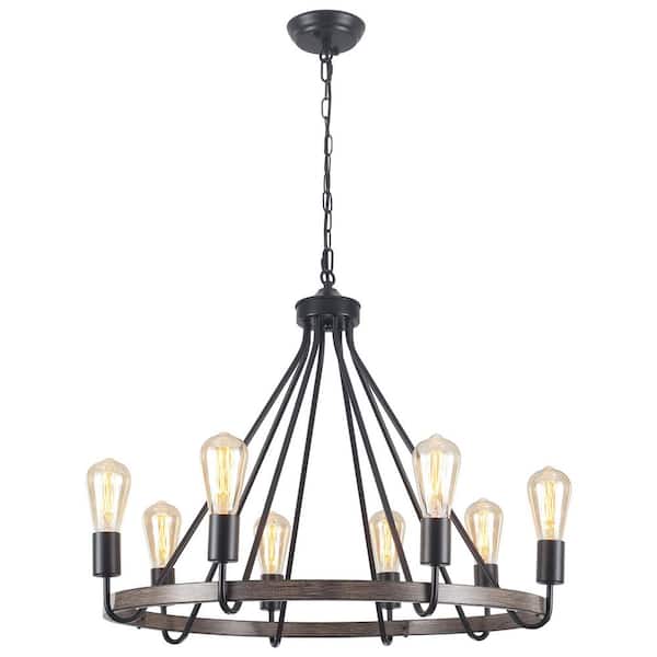 ZJVAIVE 8-Light Matte Black/Wood Grain Flower Basket Design Wagon Wheel Chandelier for Bedroom with No Bulbs Included