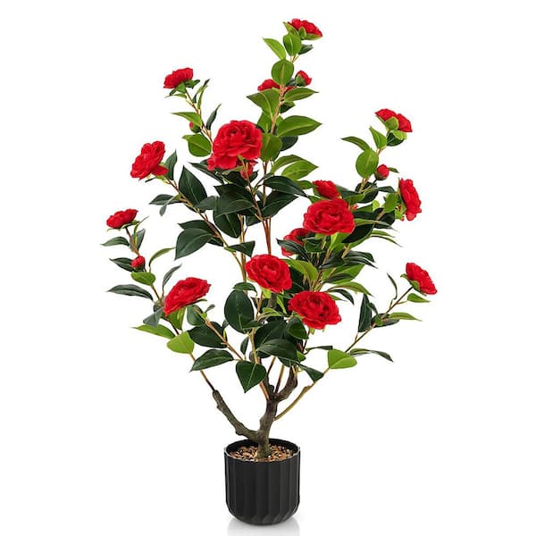 3 ft. Red Artificial Camellia Tree Topiary Faux Floral Plant Fake Tree for Decoration in Pot