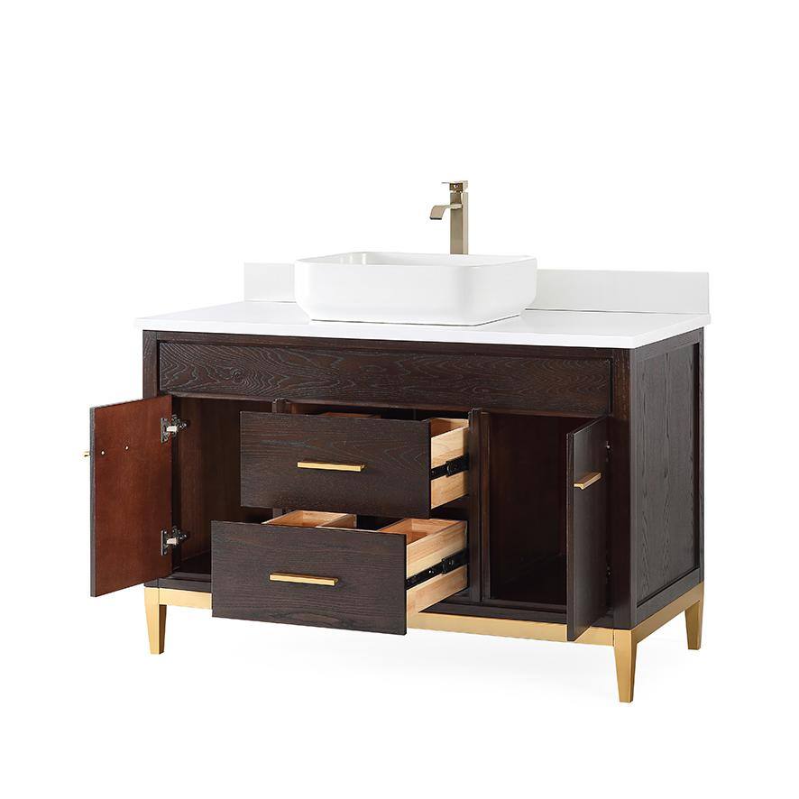 48" Espresso Wood Vanity with White Quartz Top and Gold Accents