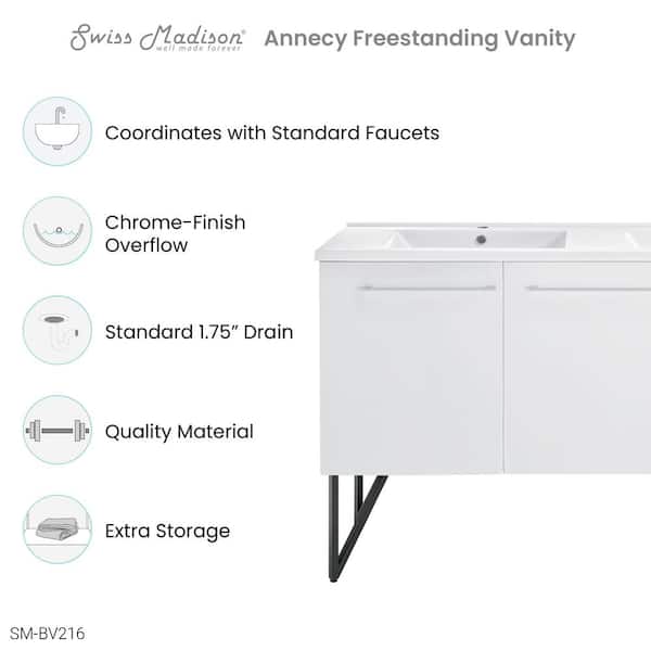 Annecy 60 in. Double, 2-Door, 1 Drawer Bathroom Vanity in White with White Basin
