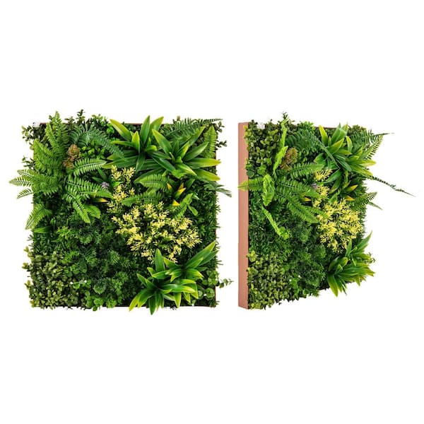 Costway 20 in. Green Square Framed Artificial Leaf Wall Art with 11-Types of Mixed Faux Plants (Set of 2)