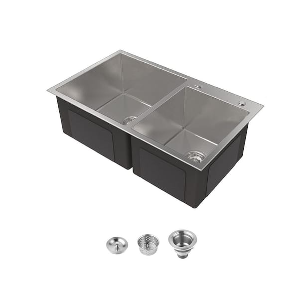 32 in. x 19 in. Double Bowl Drop-In Kitchen Sink 20-Gauge Stainless Steel in Brushed Nickel