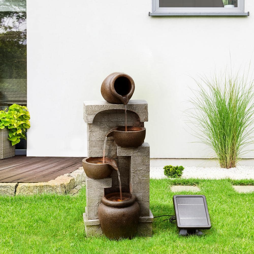 28.5" Brown Stone-Look Solar Powered 4-Tier Water Fountain