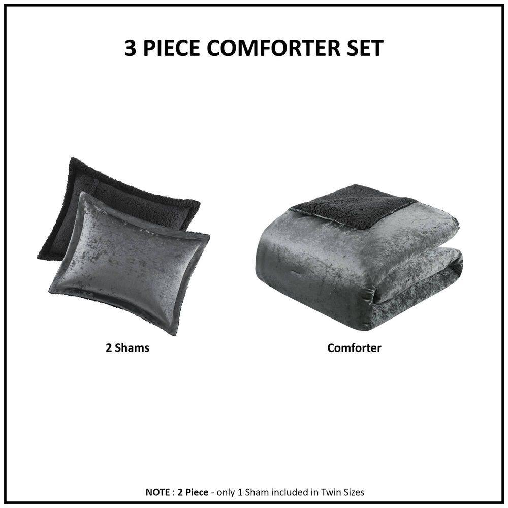 Charcoal King Velvet Reversible Comforter Set with Sherpa