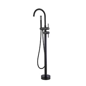 Mondawell Gooseneck Swivel 2-Handle Freestanding Tub Faucet with Hand Shower Valve Included in Matte Black