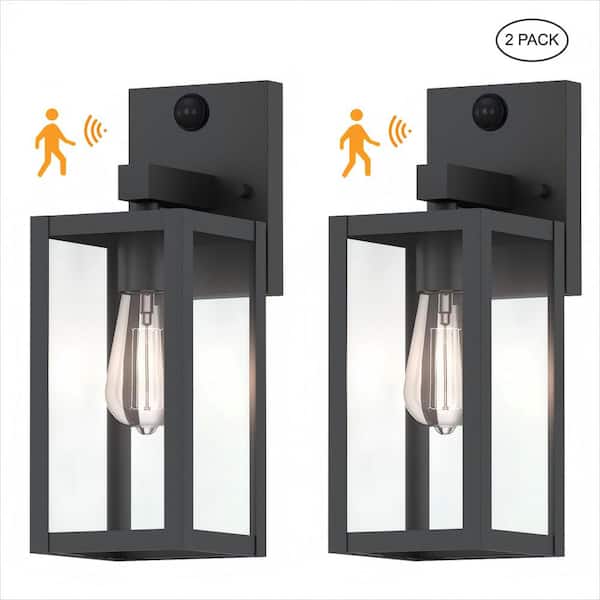 14.1 in. Matte Black Motion Sensor Outdoor Hardwired Wall Lantern Scone (2-Pack)