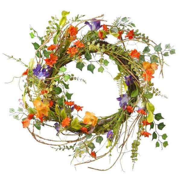 Spring Hanging Wreath Decoration 22" Wildflower Wall Summer Ornament Pink Flower 
