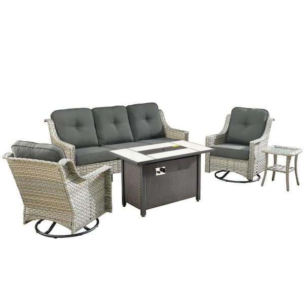 Verona 5-Piece Wicker Outdoor Patio Conversation Sofa Seating Furniture Set with a Metal Fire Pit and Black Cushions