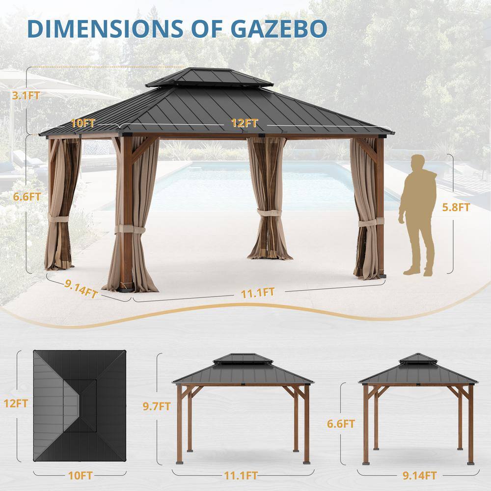 Brown Aluminum Hardtop Gazebo with Curtains and Netting, 10'x12'