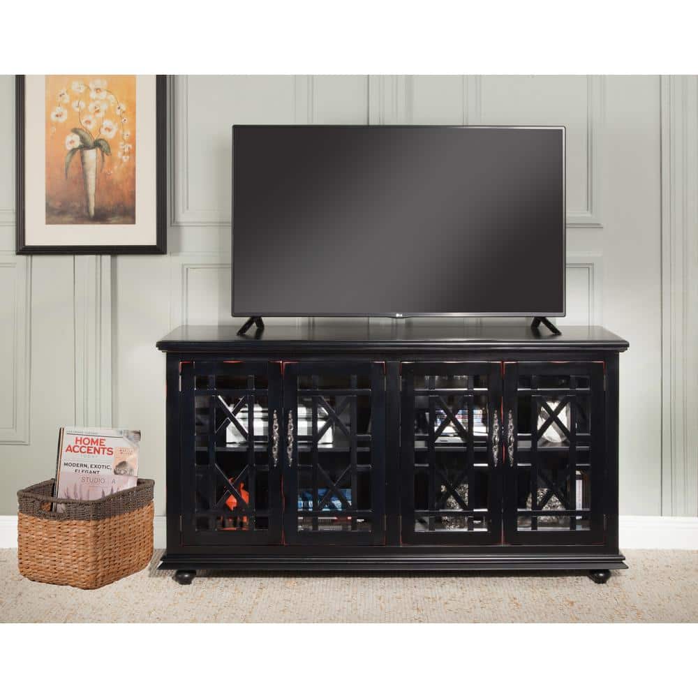 Parisian Antique Black 63" Transitional TV Stand with Glass Doors