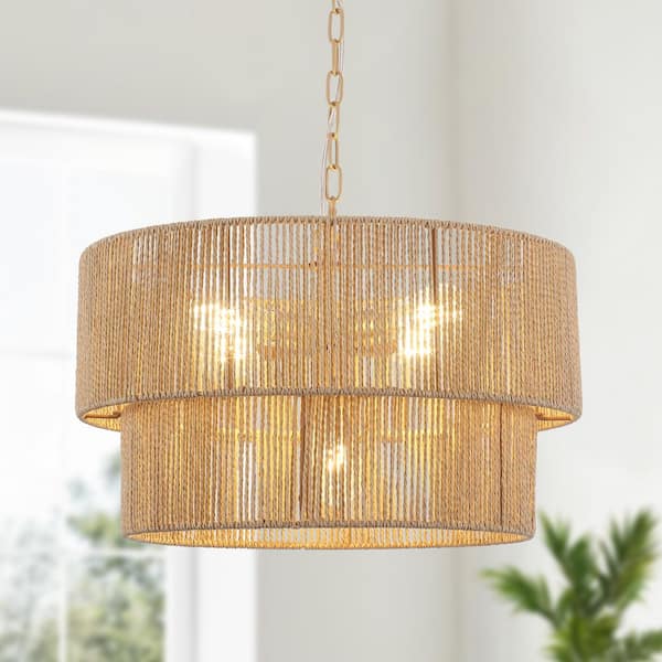 5-Light Natural Bohemian Drum Hanging Pendant Light with 2-Tier Woven Shade