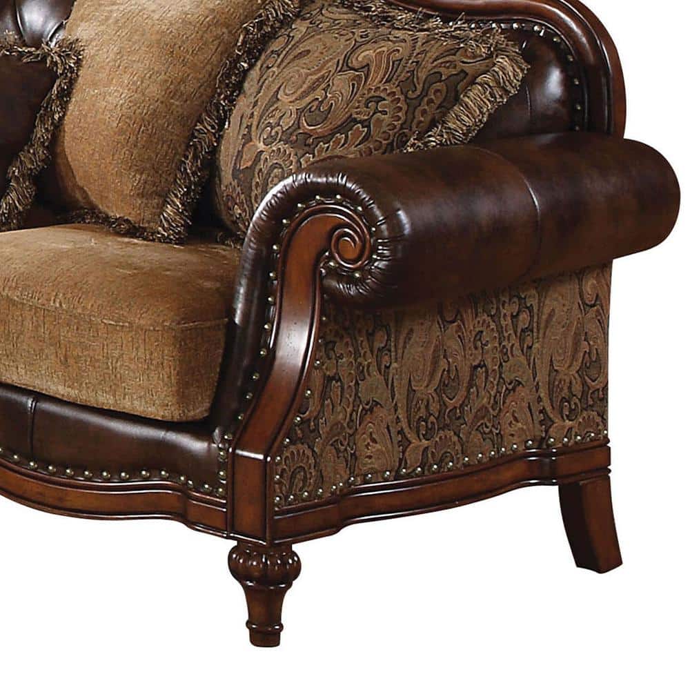 Elegant 95'' Two-Tone Brown Faux Leather & Chenille Sofa with Nailhead Trim