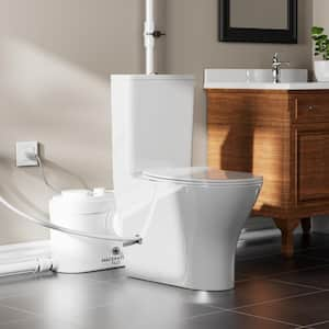 Macerating Toilet System w/750W Toilet Pump 4-Water Inlets, Dual-Flush in Skirted Elongated Bowl White, Dual-Use AC Vent