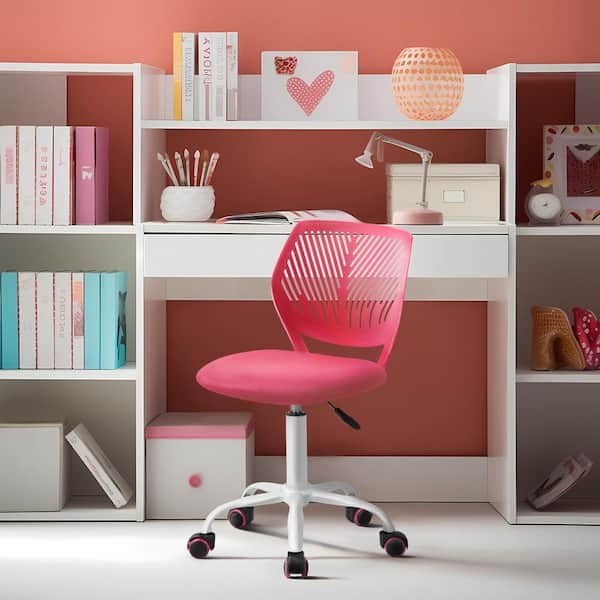 CARNAT Strawberry Pink Ergonomic Kids Desk Chair Adjustable Height Swivel Study Chair with Breathable Plastic Back