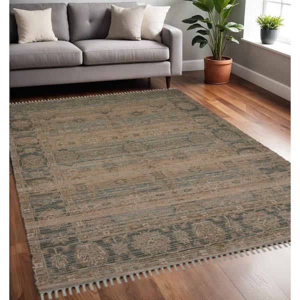 5' X 7' Brown Dark Gray And Dark Turquoise Oriental Hand Woven Area Rug With Fringe