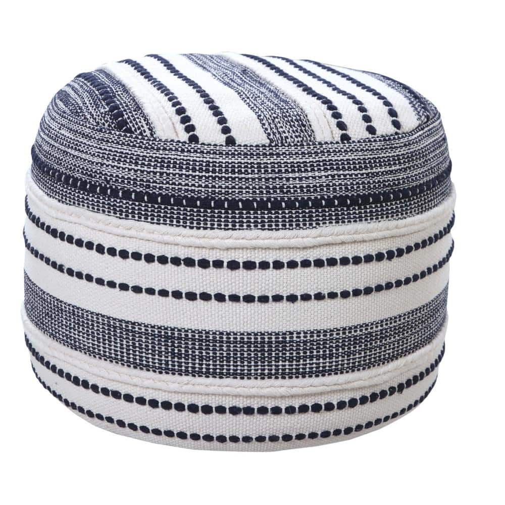 Navy and Ivory Seaside Striped Cotton Pouf Ottoman, 18" x 14"