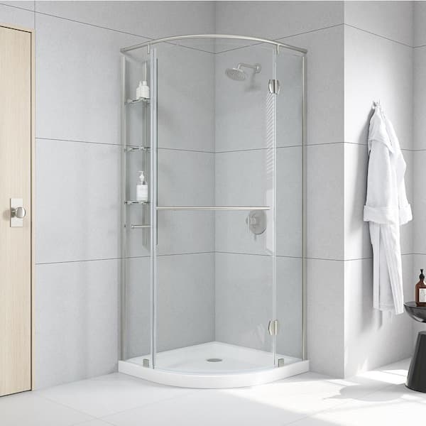Glamour 34 in. x 73.90 in. Semi-Frameless Pivot Shower Door in Satin Nickel with 34 in. x 34 in. Base in White