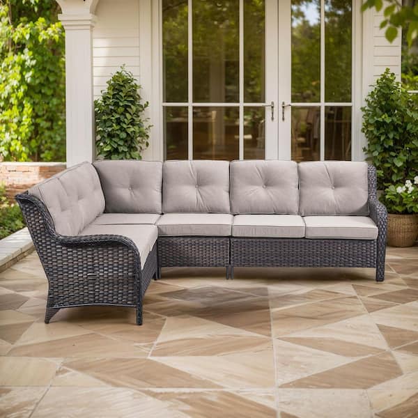 moosprr 2-Piece Brown Wicker Outdoor Sectional Set with Olefin Beige Cushions/L-Shaped Sofa for Patio Furniture