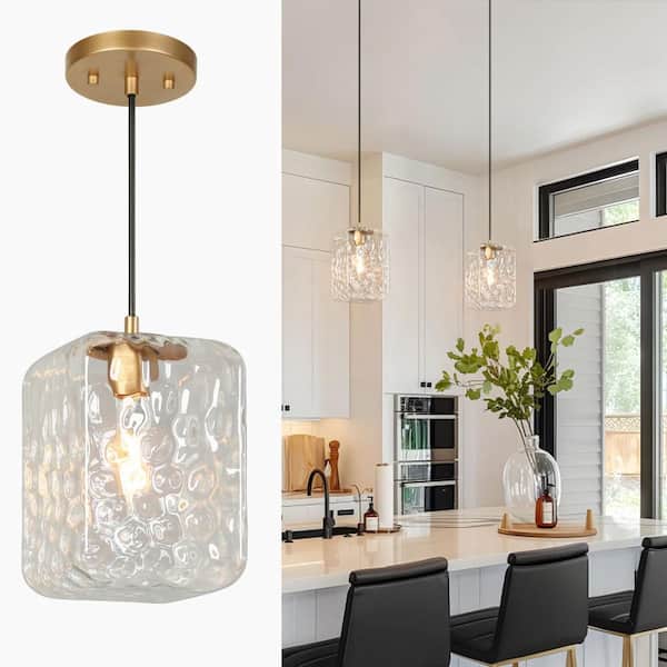 Zevni Modern 1-Light Dark Gold Kitchen Island Pendant Light with Cube Water-Rippled Glass Shade, Contemporary Hanging Lamp