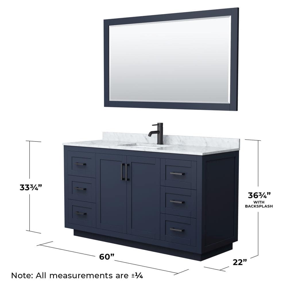 Miranda 60" Dark Blue Single Bathroom Vanity with White Carrara Marble Top and Matte Black Trim