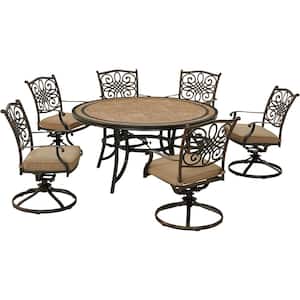 Monaco 7-Piece Aluminum Outdoor Dining Set with Tan Cushions, 6 Swivel Rockers and a 60 in. Tile-Top Table