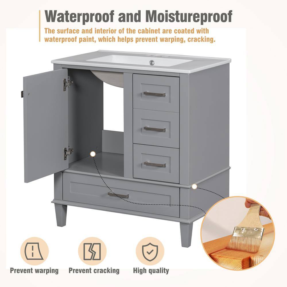 30 in. Grey MDF Freestanding Single Sink Bath Vanity with White Ceramic Top
