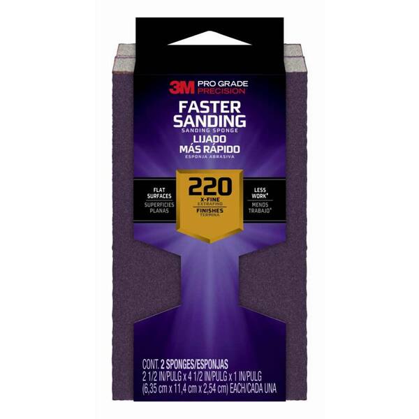 3M Pro Grade Precision Sanding Block, Faster Sanding, 2.5 in. x 4.5 in. x 1 in., 220 Grit, X-Fine, 2 Sponges
