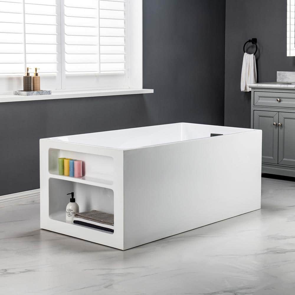 59'' White Acrylic Freestanding Rectangular Soaking Bathtub