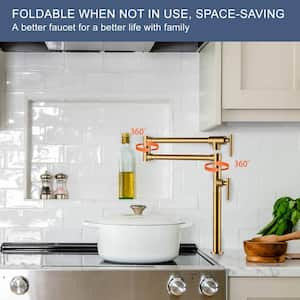 Solid Brass Deck Mount Pot Filler Faucet, Pot Filler with Stretchable Double Joint Swing Arm in Gold