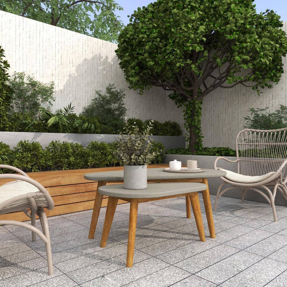 Modern Acacia Wood & Polycement Outdoor Accent Table in Gray