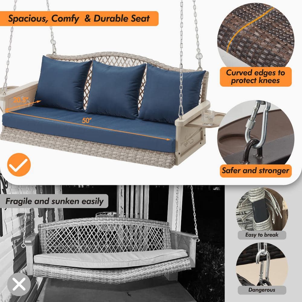 Heavy Duty Gray Steel Porch Swing with Navy Blue Cushions