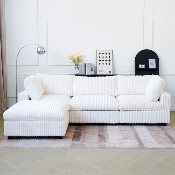 Lawson Cloud Couch 118 in. Square Arm Velvet Solid Wood Modular Convertible Sofa with Ottoman, Washable Covers in. White