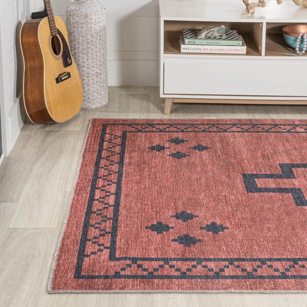 Korsa Red and Dark Gray Geometric 9' x 12' Washable Area Rug