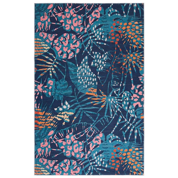 Tacoma Navy/Green 9 ft. x 12 ft. Machine Washable Oversized Floral Area Rug