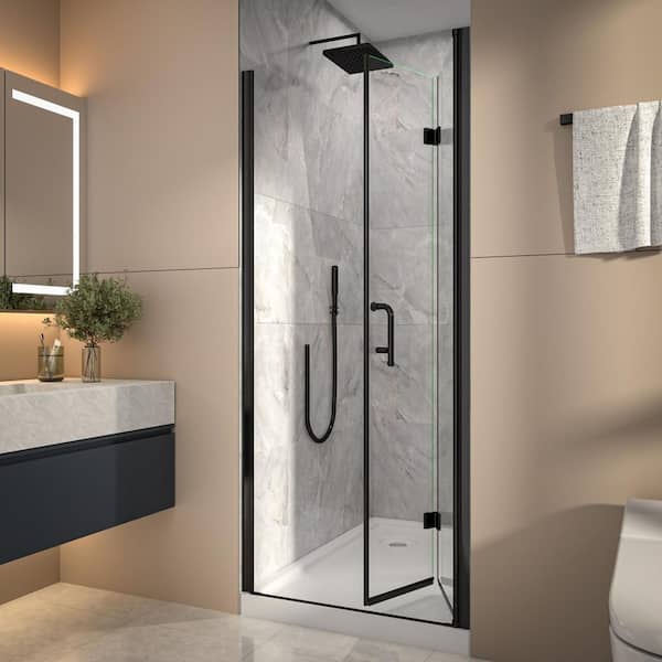 32-34 in. W x 72 in. H Bi-Fold Frameless Shower Door in Black with Clear Glass
