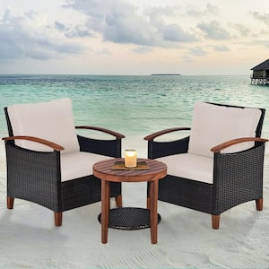 3-Piece Wicker Patio Conversation Set with Beige Cushion Coffee Table