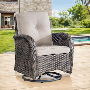 Brown Swivel Wicker Outdoor Rocking Chair with Beige Cushion and Glide Function (1-Pack)