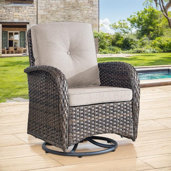 Brown Swivel Wicker Outdoor Rocking Chair with Beige Cushion and Glide Function (1-Pack)